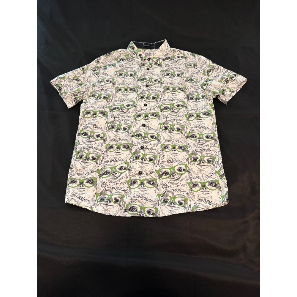 Baja Llama Mens Sloth Print Short Sleeve Button Down Shirt White Green Large - Picture 9 of 9